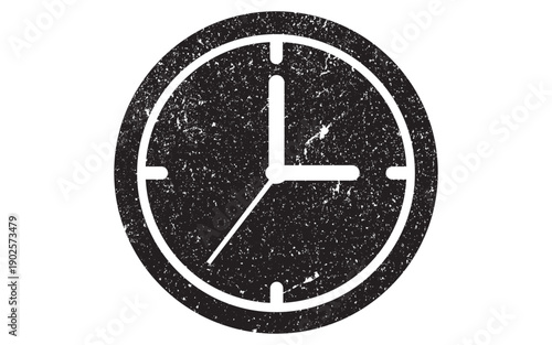 Grungy circular clock icon with three o clock time showing distressed black stamp