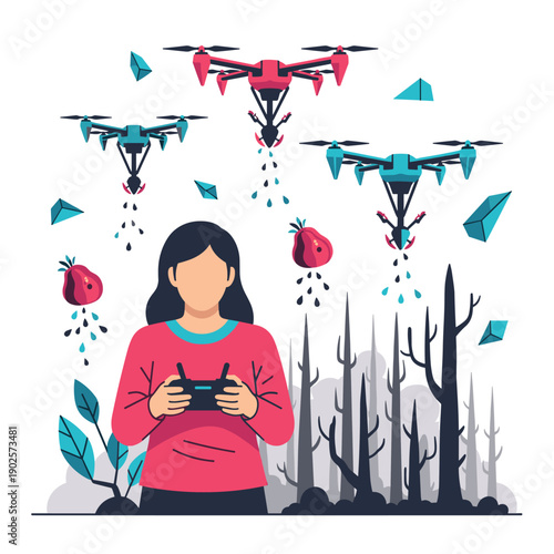 A woman operates a remote control, deploying a fleet of drones to plant seeds and water a burnt, desolate forest, symbolizing reforestation through modern technology.