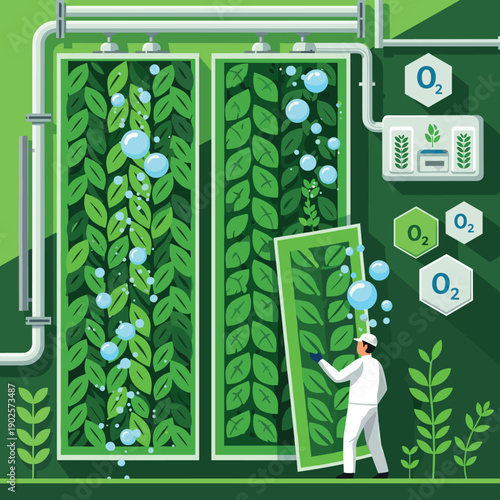 A scientist in a clean suit works on a futuristic vertical farm made of panels filled with green leaves, producing clean oxygen in a sustainable, high-tech facility.