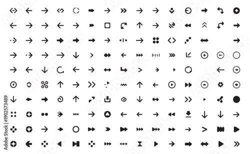Extensive array of black vector arrow icons showing various directions and styles on white background