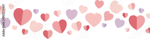 Valentine's Day flat lay composition with various heart patterns and roses in shades of pink, red, and purple on a white background, ideal for romantic gifts and Internacional celebrations.