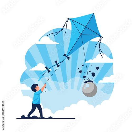 A young boy struggles to fly a large blue kite that is being weighed down by a heavy, cracking wrecking ball, a metaphor for overcoming heavy burdens and challenges.
