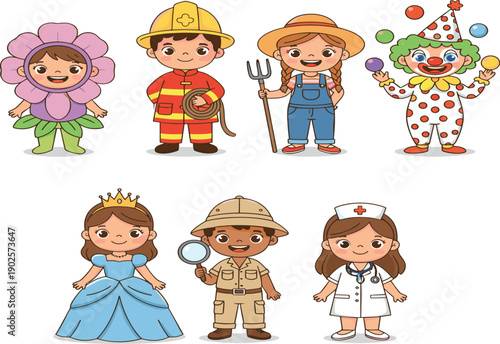 Kids in Different Professions and Costumes Cartoon Characters Collection Illustration Set