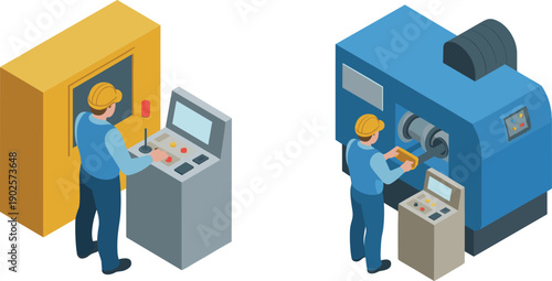 isometric industrial machine operator illustration, factory worker control panel, manufacturing technology process, automated production equipment, engineering industry vector design concept