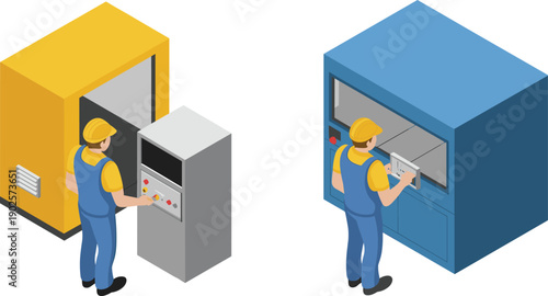 isometric industrial worker operating control panel, factory automation machine process, manufacturing technology equipment, engineering production system, modern industry vector illustration