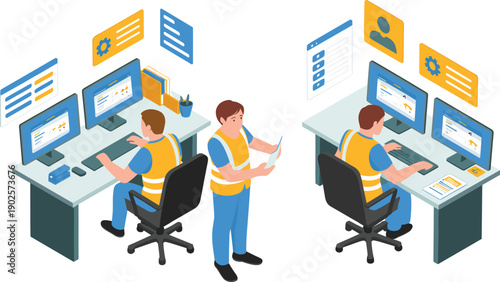 isometric IT support team illustration, technical workers monitoring computer systems, digital maintenance service, office technology management, vector business concept