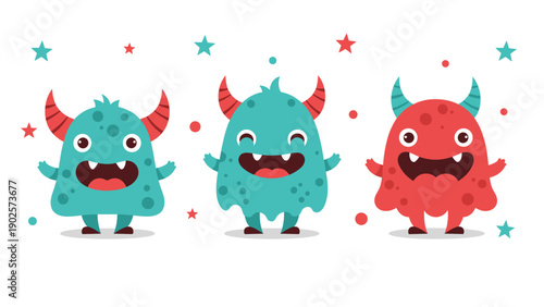 Three colorful and friendly little monsters with horns and polka dots standing among floating stars and circles.