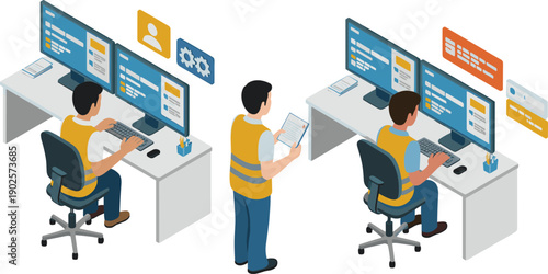 isometric IT support technician illustration, computer system monitoring workspace, digital maintenance service, office technology management, vector business concept design