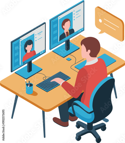 isometric online video meeting illustration, remote work office desk, virtual communication technology, digital collaboration workspace, business conference vector concept design