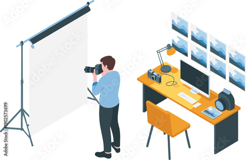 isometric photography studio illustration, professional photographer workspace, camera equipment setup, creative photo shooting scene, digital editing desk vector concept design