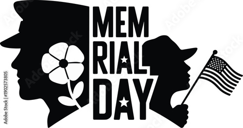 Memorial Day graphic, soldier silhouette tribute, patriotic remembrance, American flag honor, floral design artwork, national holiday illustration, flat vector composition