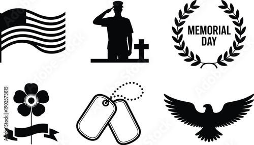 Memorial Day icons, patriotic tribute set, military remembrance symbols, American flag artwork, soldier silhouette design, national holiday vector composition