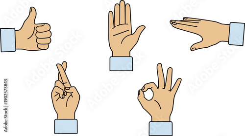 Hand Gesture Icons Set with Thumbs Up Stop OK and Crossed Fingers Illustration Isolated on White Background