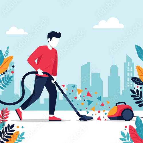 A man uses a vacuum cleaner to clean up a messy pile of colorful, abstract geometric shapes on the ground, with a modern city skyline visible in the background.