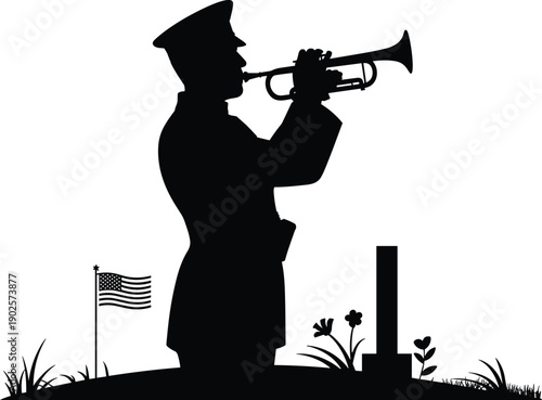 Memorial Day silhouette, soldier bugler, American flag, military tribute, patriotic remembrance, national holiday design, flat vector artwork