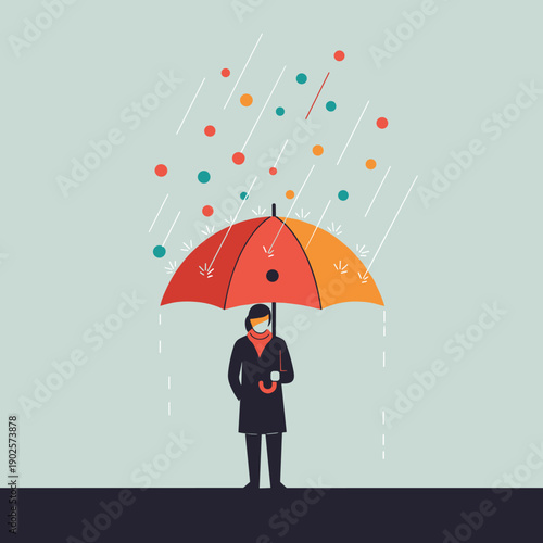 A person wearing a face mask stands under a large umbrella, protected from a rain of colorful dots that could represent data, information, or even viral particles.