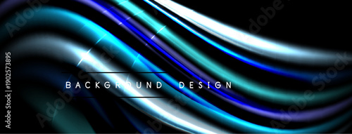 Abstract flowing lines, vibrant blues, silver highlights. Modern design element, dark background creates dramatic effect. Smooth gradients, elegant curves.