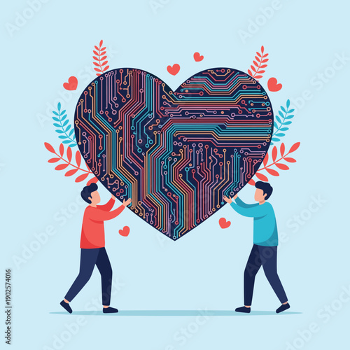 Two people work together to hold up a large heart that is intricately designed with a colorful circuit board pattern, symbolizing digital love, online dating, or tech passion.