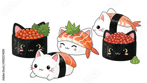 Collection of five adorable sushi rolls reimagined as cute cats with fish and rice bodies on a white background.