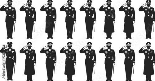 Military salute pattern, officer silhouettes, ceremonial sword tribute, patriotic honor illustration, national pride artwork, Memorial Day vector composition