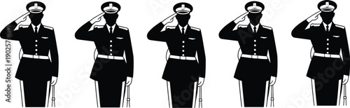 Military salute silhouettes, ceremonial sword tribute, patriotic honor illustration, national pride artwork, Memorial Day vector, Veterans Day design composition