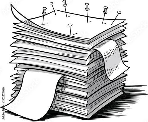 Paper stack silhouette, office workload illustration, document pile design, academic backlog artwork, bureaucratic paperwork vector, organizational stress concept