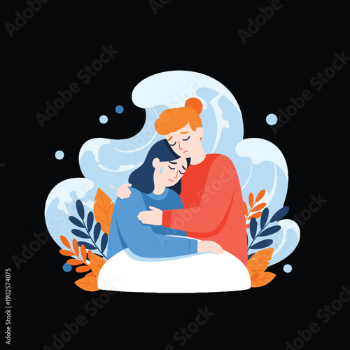 A compassionate person gently hugs a sad, crying friend, offering comfort and support, with a stylized wave and foliage in the background representing emotional turmoil.