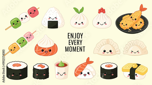 Large set of cute Japanese food items with happy faces including sushi, dumplings, onigiri, and tempura on a yellow background.
