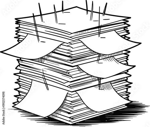 Paper stack sketch, office workload illustration, document pile design, academic backlog artwork, bureaucratic paperwork vector, organizational stress silhouette