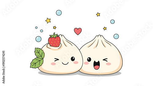 Pair of two cute anthropomorphic dumplings with smiling faces sharing a sweet moment with a heart and bubbles.