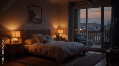 Cozy bedroom at night warm light 

