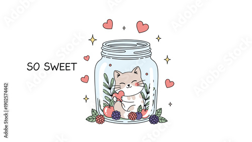Sweet and adorable brown and white kitten sitting inside a glass mason jar surrounded by berries, leaves, and hearts.