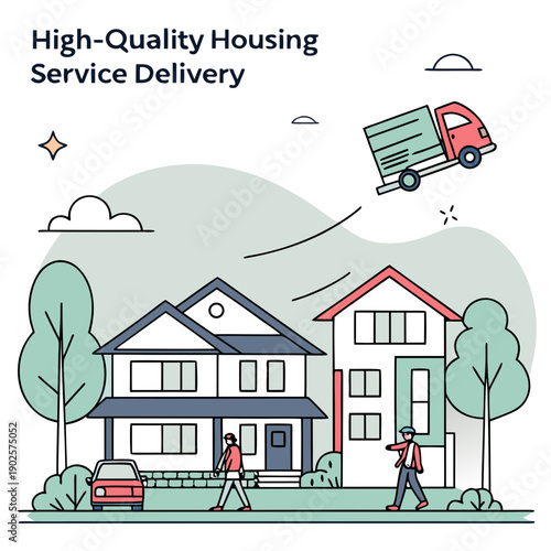 Of housing service delivery with truck and workers