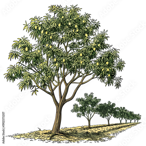 Of large mango tree with fruit and smaller trees fruit tree