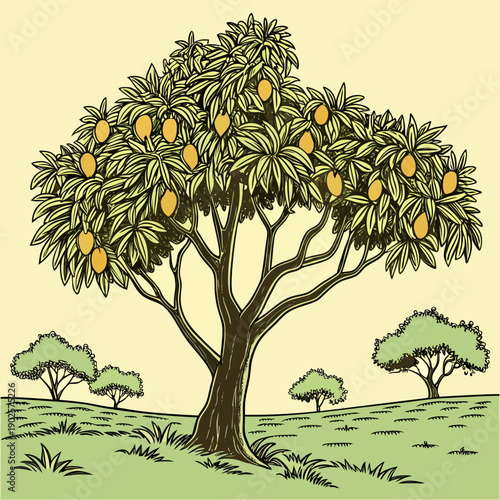 Of large mango tree with yellow fruit on green grassy hill