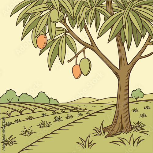 Of mango tree in orchard with green landscape tropical