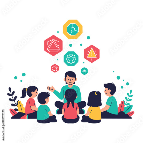 A teacher sits with a group of children and tells a story using floating abstract geometric icons, representing education, storytelling, learning, and creativity.