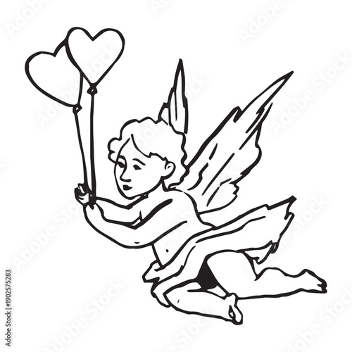 Wallpaper Mural Hand drawn baby angel boy with wings holding two heart shaped balloons, rough feather pen black line art, whimsical doodle illustration isolated on white background. Torontodigital.ca