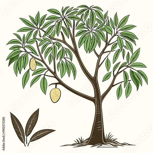 Of mango tree with green leaves and fruit tree with fruit