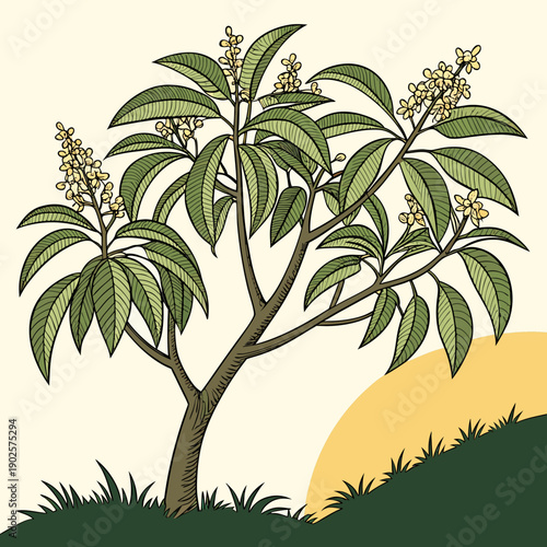 Of mango tree with green leaves and yellow flowers on grassy hill