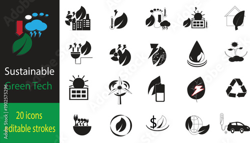 Sustainability and Green Technology Icon Set – Renewable Energy, Eco Innovation, Climate Friendly Solutions Vector