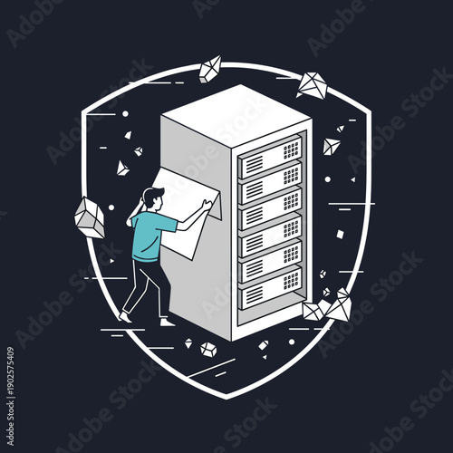 An IT professional applies a configuration sheet to a server rack within a shield emblem, representing data security, server maintenance, and system administration.