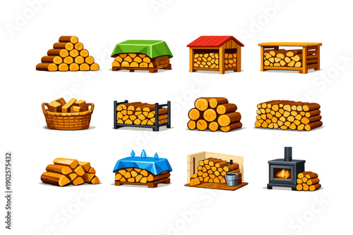 Firewood Storage Icons. Firewood storage. Colorful flat vector icons set of firewood storage: organized