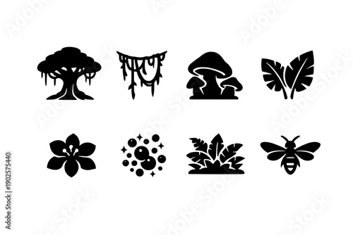 Bioluminescent jungle. Filled icon set of Bioluminescent jungle: glowing tree, luminous vines, bioluminescent