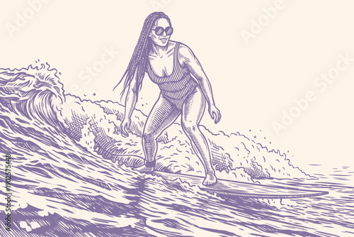 Retro vector illustration of a woman in sunglasses and a swimsuit surfing an ocean wave. Vintage engraving style graphic for a summer or travel concept.