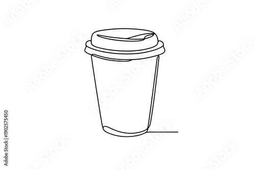 Takeaway Coffee Cup. Minimalistic one-line drawing disposable coffee cup with lid in modern silhouette,