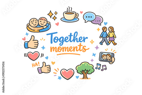 Together moments. Hand drawn illustration of Together moments. smiling faces, group hug icon, coffee cup, chat