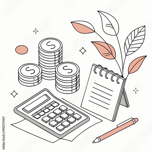 Of financial planning with coins calculator notebook and pencil