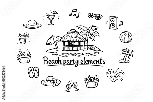 Beach party elements. Hand-drawn doodle illustration of Beach party elements. In the middle, one slightly