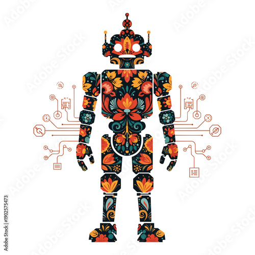 A robot decorated with vibrant, traditional folk art floral patterns is connected to circuit lines, symbolizing AI infused with culture, art, and heritage.